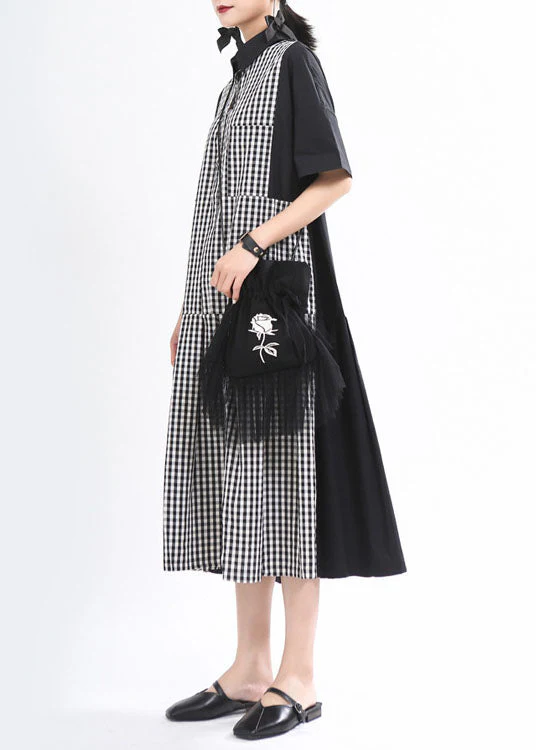 Loose Black Plaid Patchwork Button Fall Dress Half Sleeve - Image 3