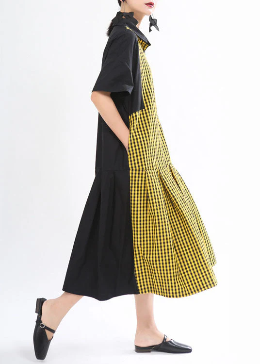 Loose Black Plaid Patchwork Button Fall Dress Half Sleeve - Image 4