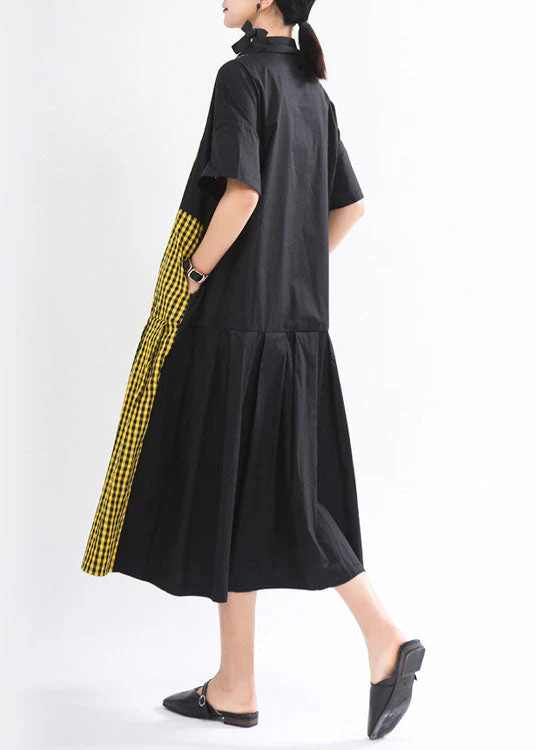 Loose Black Plaid Patchwork Button Fall Dress Half Sleeve - Image 5