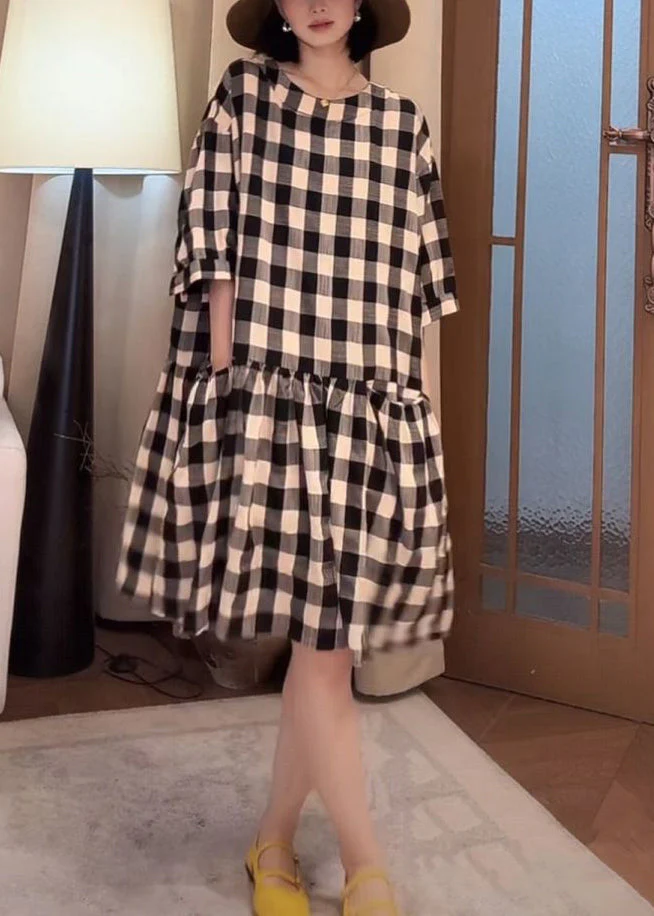 Loose Black Plaid Pockets Cotton Dress Half Sleeve - Image 2