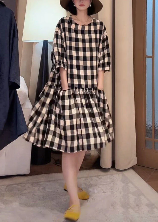 Loose Black Plaid Pockets Cotton Dress Half Sleeve - Image 3