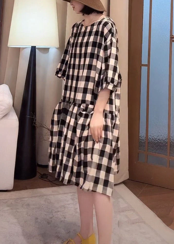 Loose Black Plaid Pockets Cotton Dress Half Sleeve - Image 4