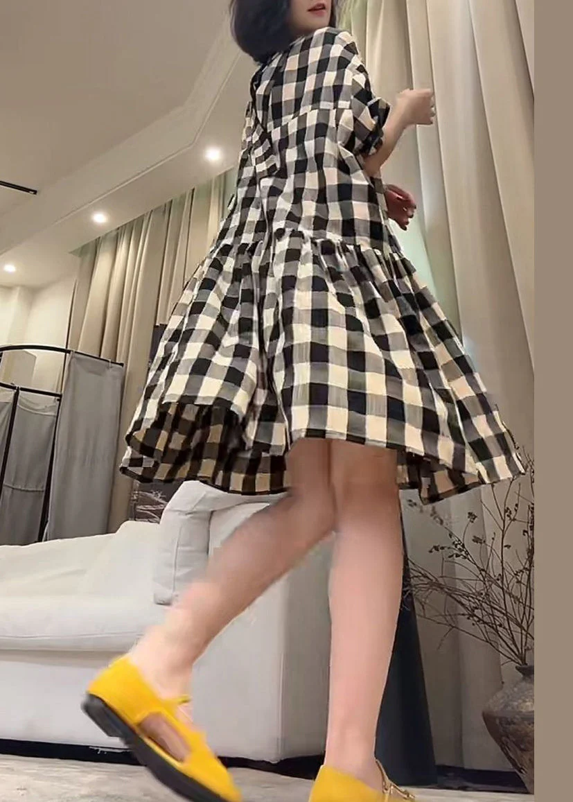 Loose Black Plaid Pockets Cotton Dress Half Sleeve - Image 5