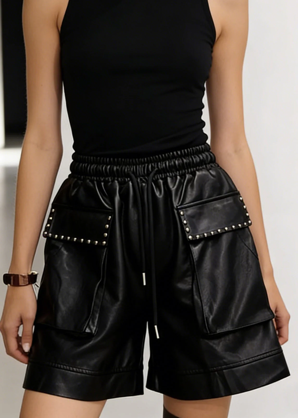 Loose Black Pockets Elastic Waist Warm Fleece Shorts Spring - Image 5
