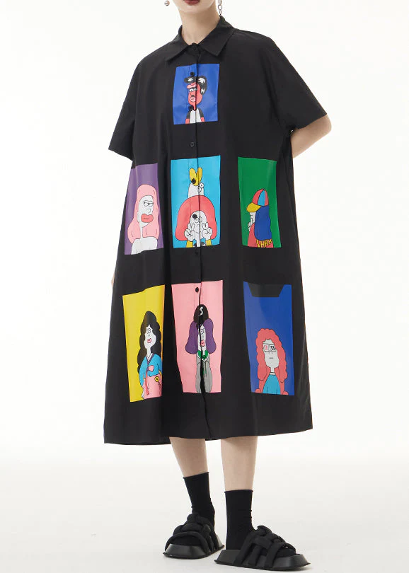 Loose Black Print Button Patchwork Cotton Shirts Long Dresses Summer - Image 2
