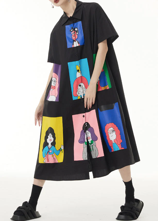 Loose Black Print Button Patchwork Cotton Shirts Long Dresses Summer - Image 4