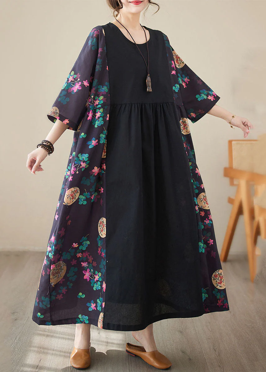 Loose Black Print Patchwork Long Dresses Half Sleeve - Image 3