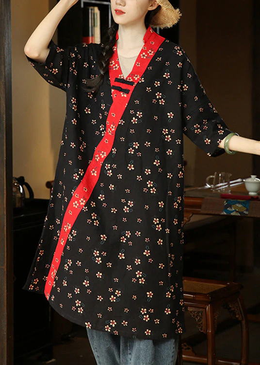 Loose Black Print Pockets Patchwork Cotton Dresses Summer - Image 2