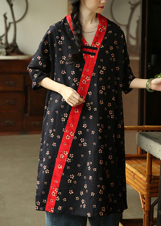 Loose Black Print Pockets Patchwork Cotton Dresses Summer - Image 3