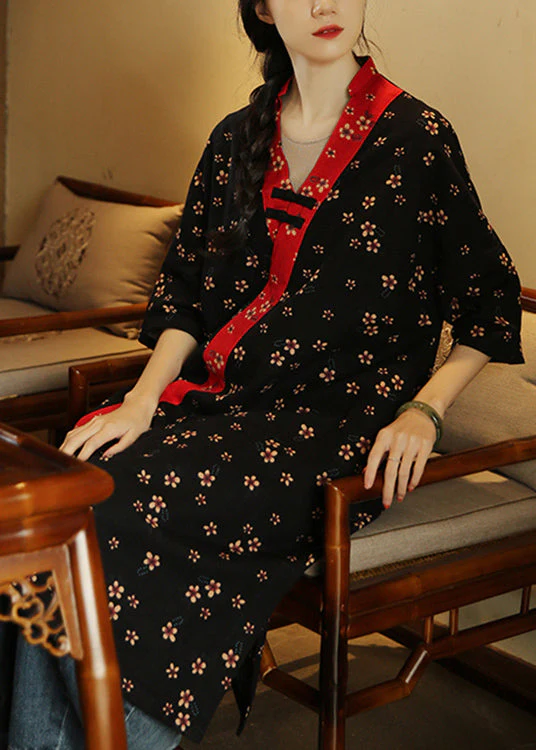 Loose Black Print Pockets Patchwork Cotton Dresses Summer - Image 4