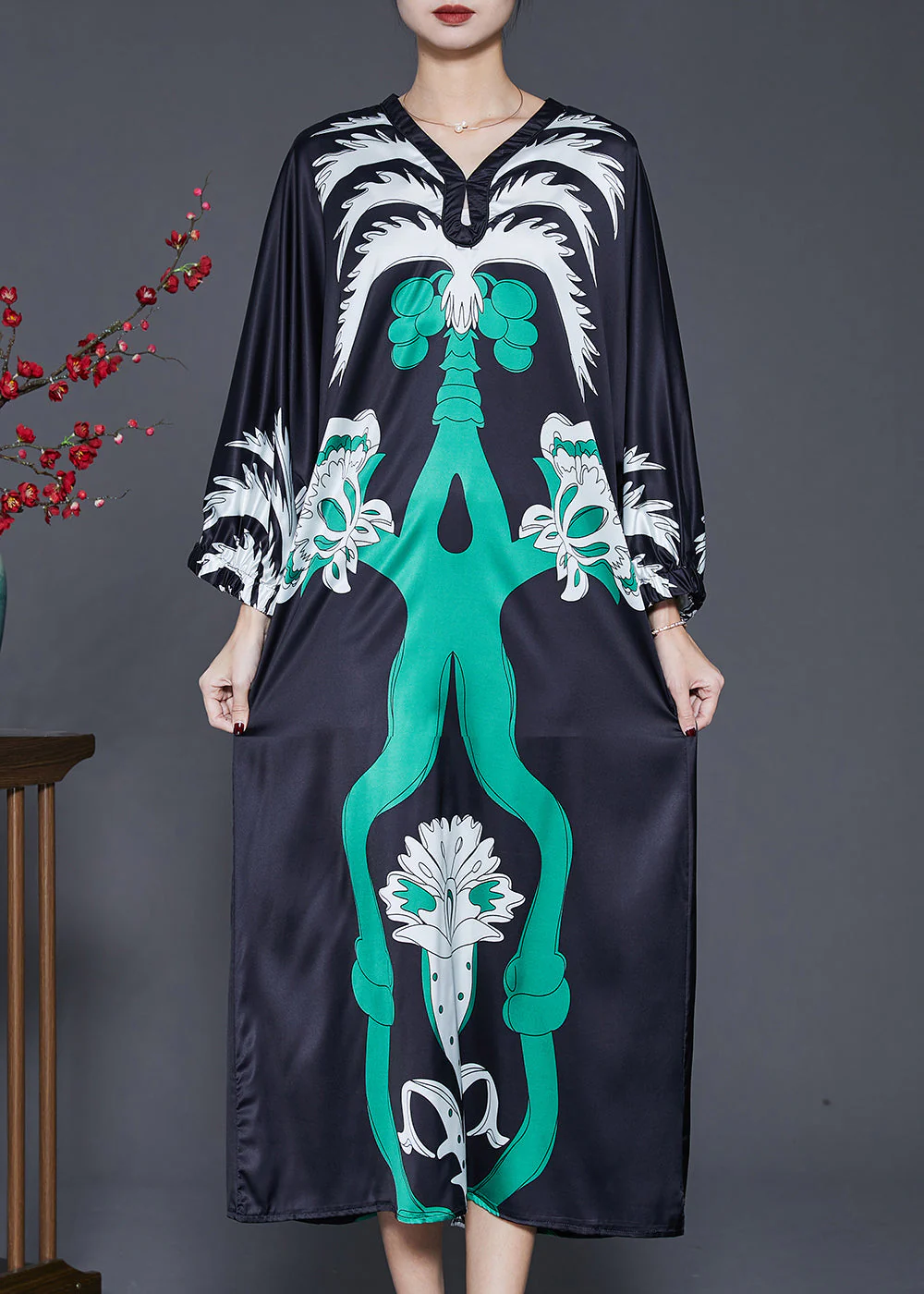 Loose Black Print Side Open Silk Long Dress Spring - Image 2