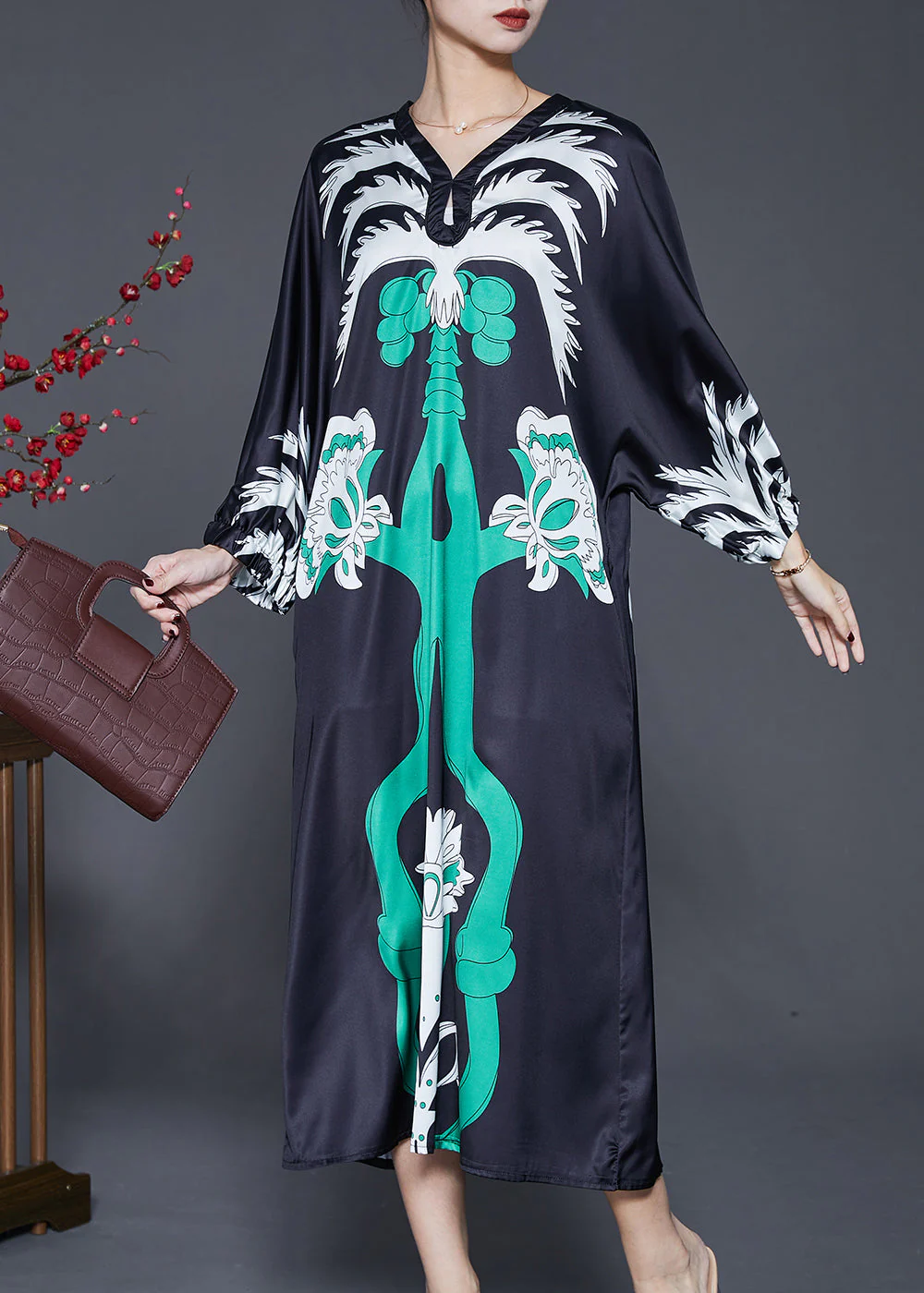 Loose Black Print Side Open Silk Long Dress Spring - Image 3