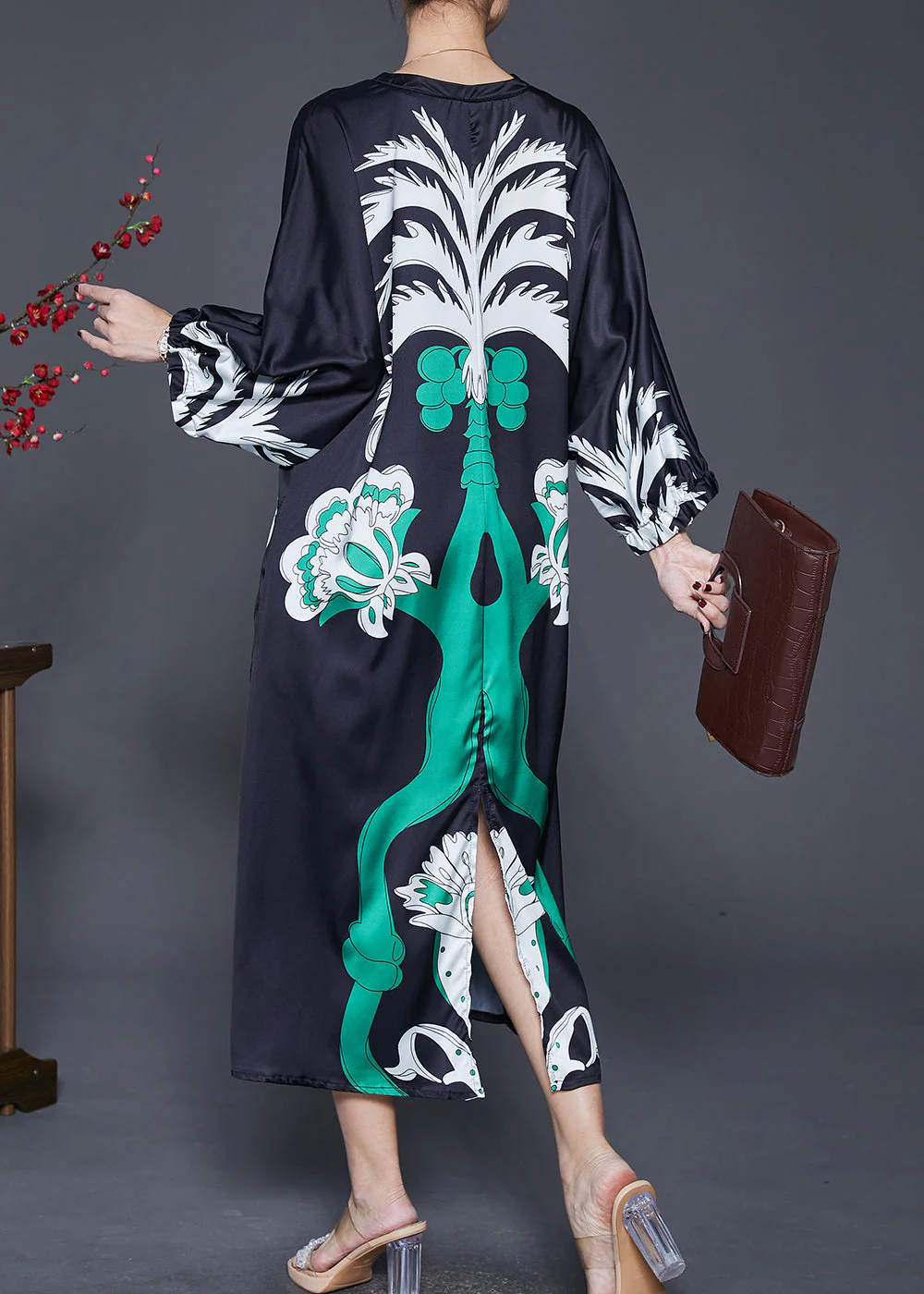 Loose Black Print Side Open Silk Long Dress Spring - Image 4