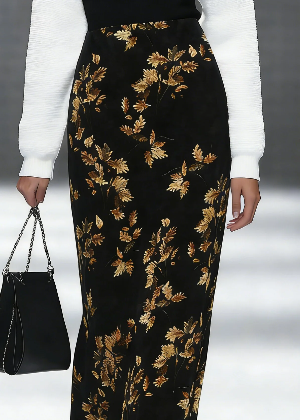 Loose Black Print Side Open Silk Velvet Skirt Spring - Image 2