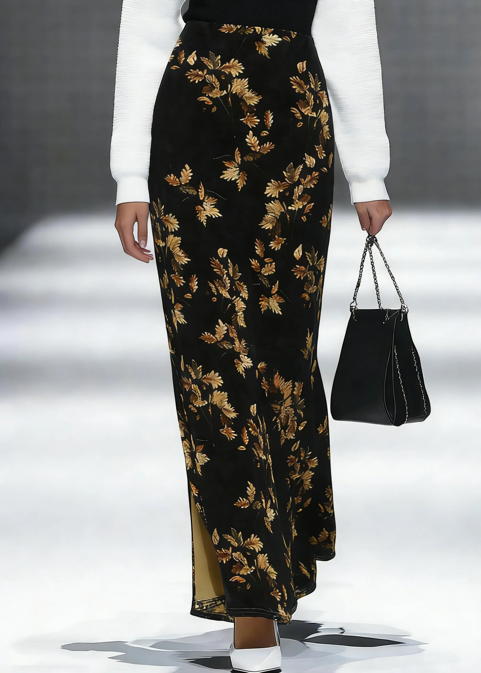 Loose Black Print Side Open Silk Velvet Skirt Spring - Image 3