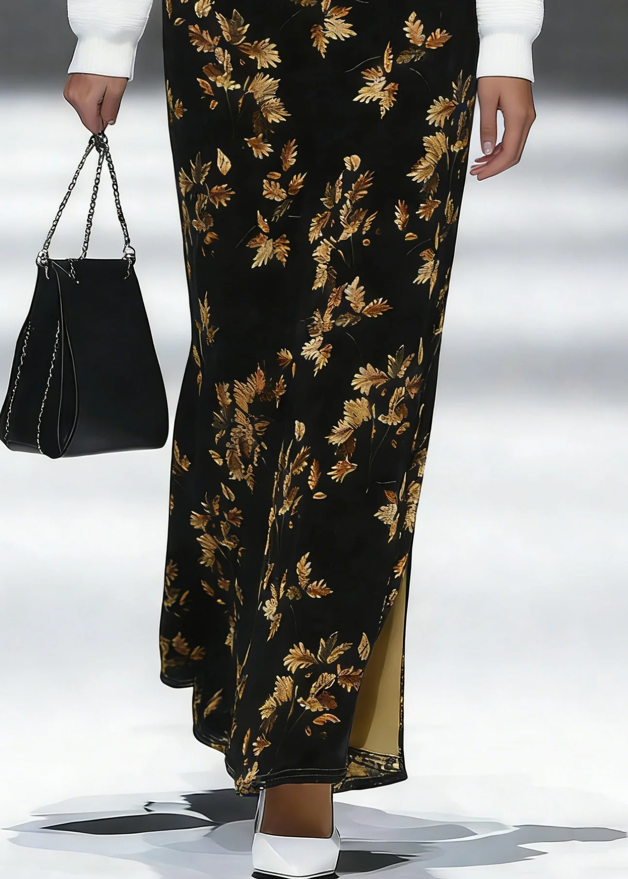 Loose Black Print Side Open Silk Velvet Skirt Spring - Image 4