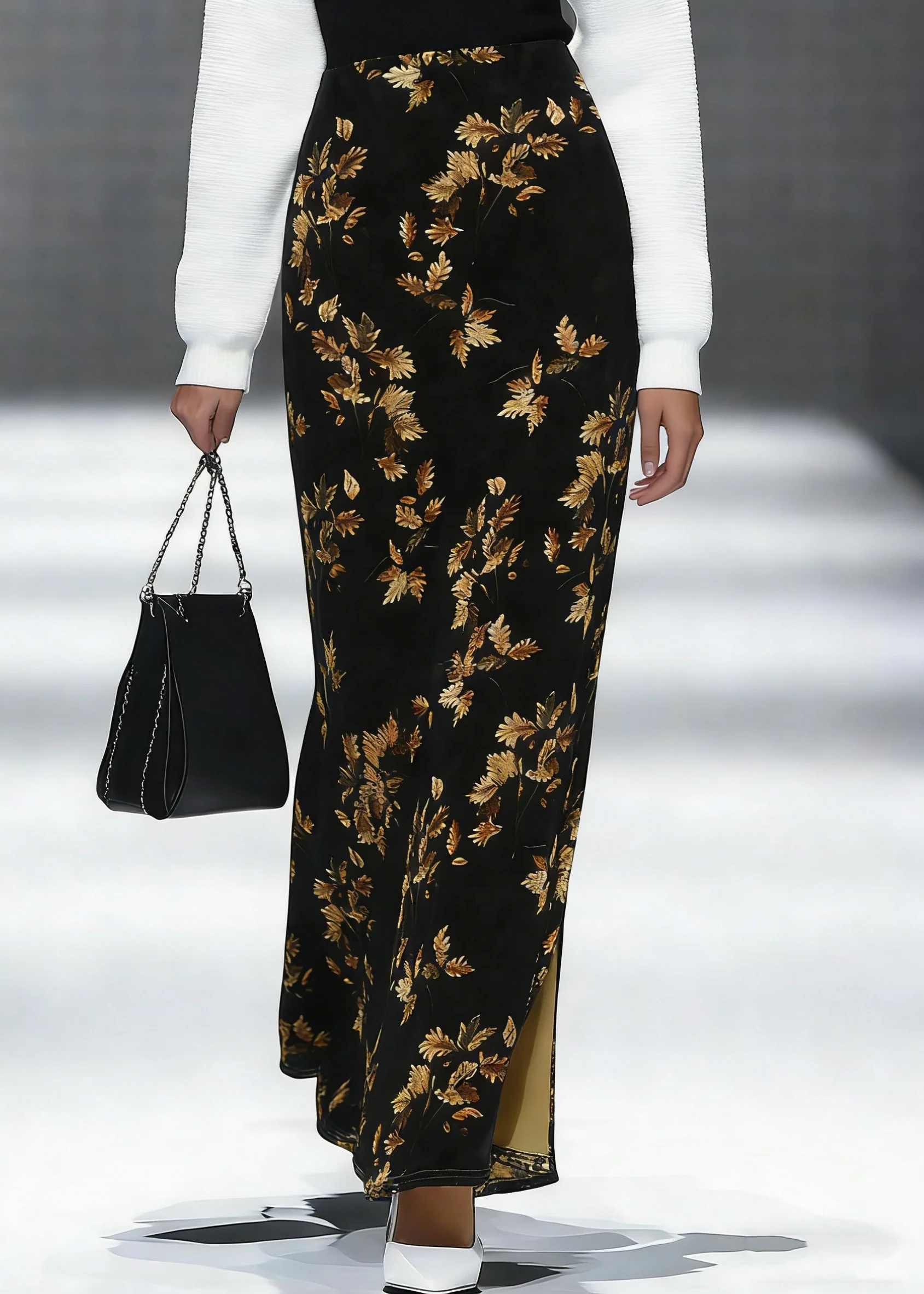 Loose Black Print Side Open Silk Velvet Skirt Spring - Image 5