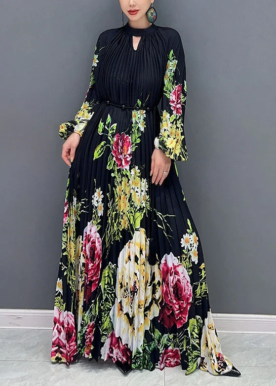 Loose Black Print Wrinkled Patchwork Chiffon Long Dresses Fall - Image 4