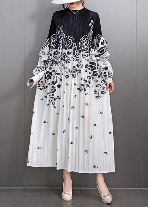 Loose Black Print Wrinkled Patchwork Cotton Long Dress Fall
