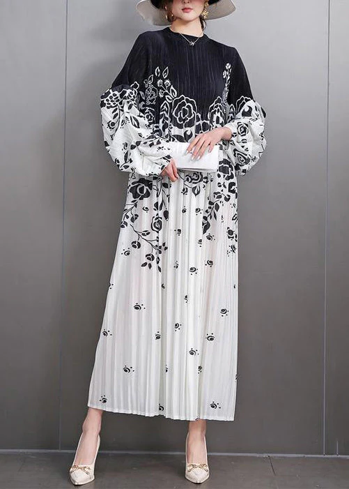 Loose Black Print Wrinkled Patchwork Cotton Long Dress Fall - Image 2