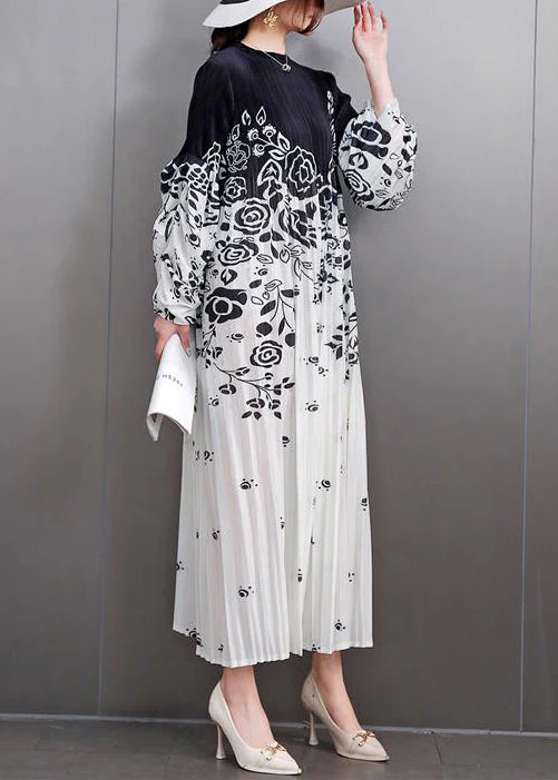 Loose Black Print Wrinkled Patchwork Cotton Long Dress Fall - Image 4