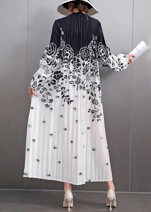 Loose Black Print Wrinkled Patchwork Cotton Long Dress Fall - Image 5