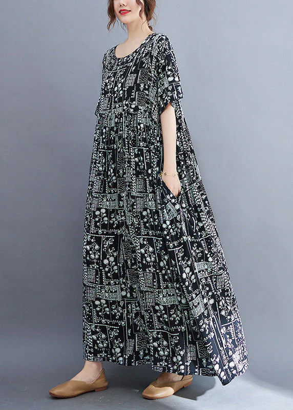 Loose Black Print Zippered Maxi Dress Short Sleeve - Image 5