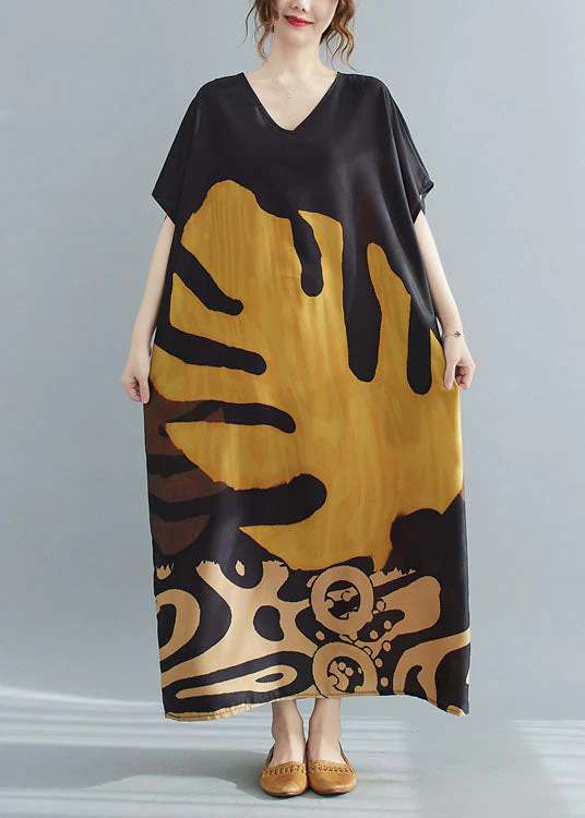 Loose Black-print2 V Neck Oversized Leaf Print Chiffon Long Dress Short Sleeve - Image 4