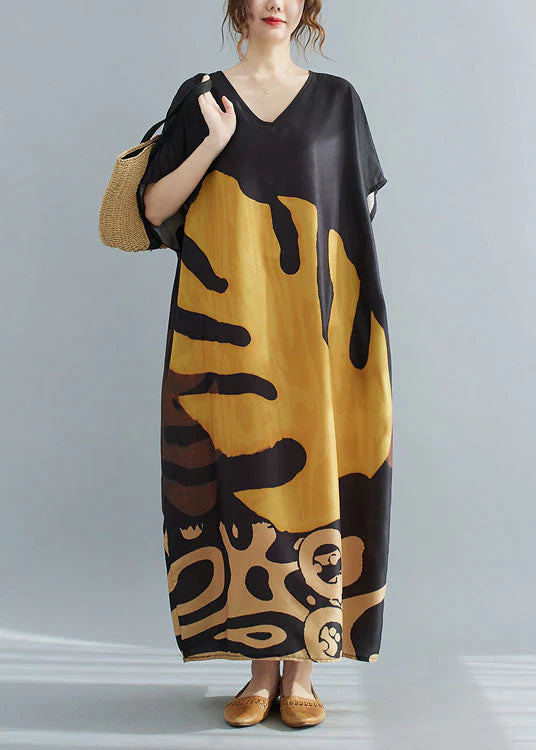 Loose Black-print2 V Neck Oversized Leaf Print Chiffon Long Dress Short Sleeve - Image 5