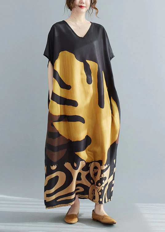 Loose Black-print2 V Neck Oversized Leaf Print Chiffon Long Dress Short Sleeve - Image 6
