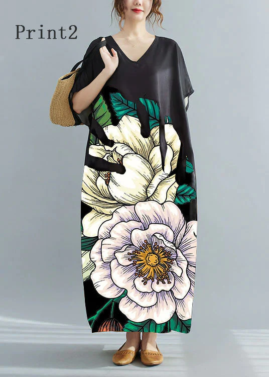 Loose Black-print4 V Neck Oversized Leaf Print Chiffon Long Dress Short Sleeve - Image 3