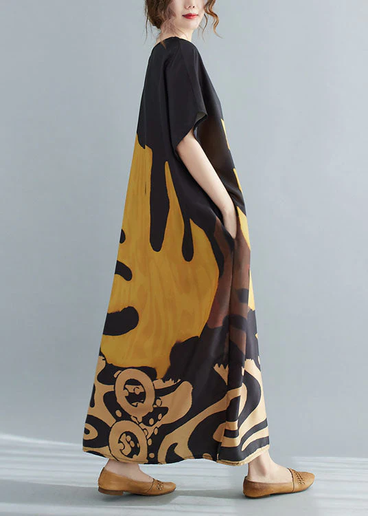 Loose Black-print4 V Neck Oversized Leaf Print Chiffon Long Dress Short Sleeve - Image 9