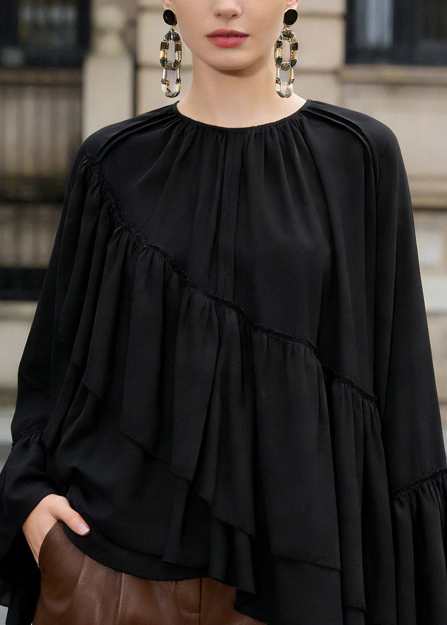 Loose Black Ruffled Asymmetrical Patchwork Chiffon Top Spring - Image 2