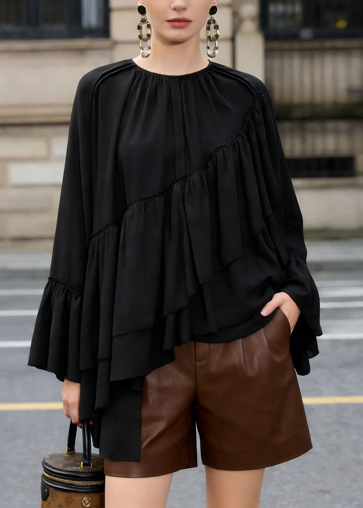 Loose Black Ruffled Asymmetrical Patchwork Chiffon Top Spring - Image 3