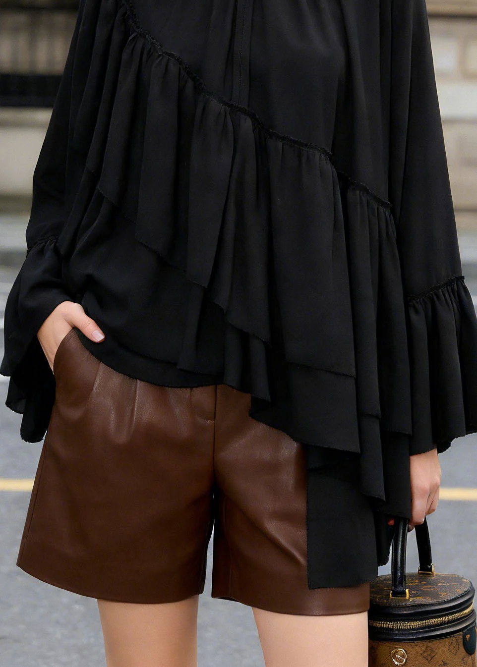 Loose Black Ruffled Asymmetrical Patchwork Chiffon Top Spring - Image 4