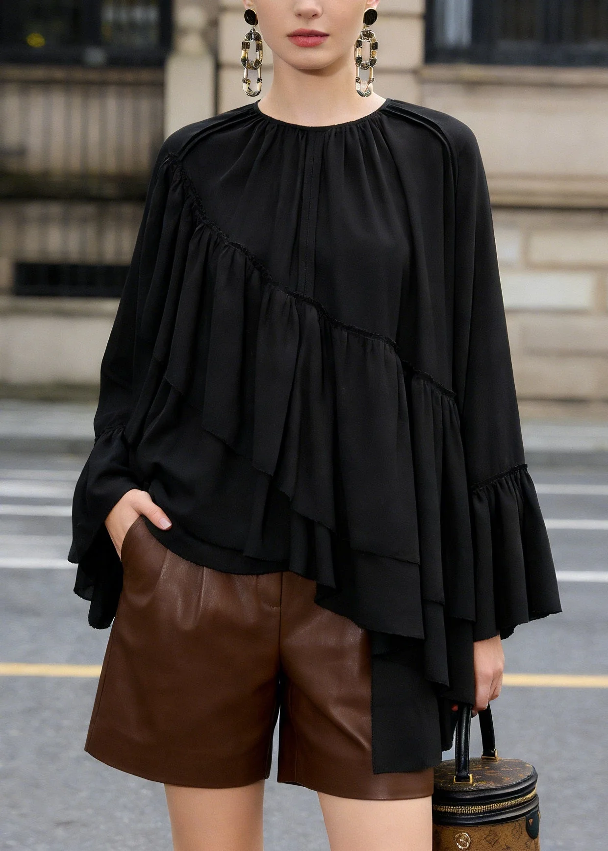 Loose Black Ruffled Asymmetrical Patchwork Chiffon Top Spring - Image 5