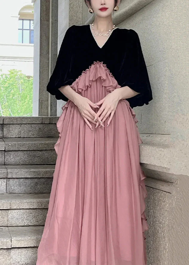 Loose Black Ruffled Patchwork Silk Velvet Dresses Puff Sleeve - Image 2