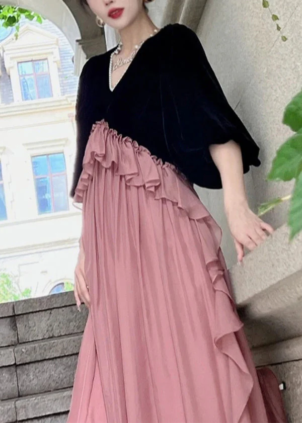 Loose Black Ruffled Patchwork Silk Velvet Dresses Puff Sleeve - Image 3