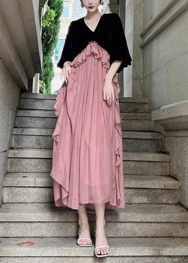Loose Black Ruffled Patchwork Silk Velvet Dresses Puff Sleeve - Image 4