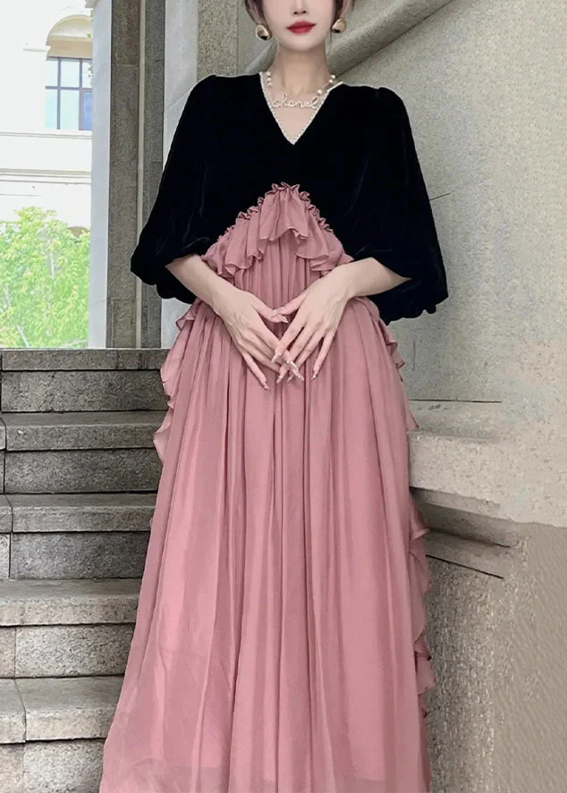 Loose Black Ruffled Patchwork Silk Velvet Dresses Puff Sleeve - Image 5