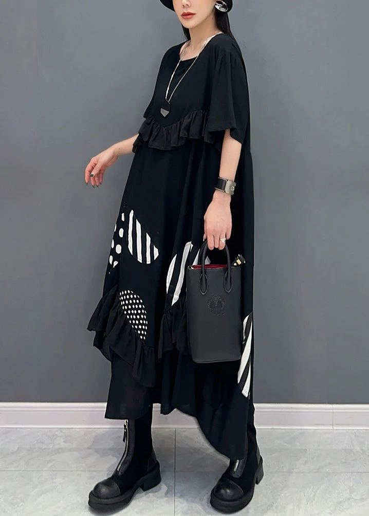 Loose Black Ruffled Print Cotton Long Dresses Summer - Image 3