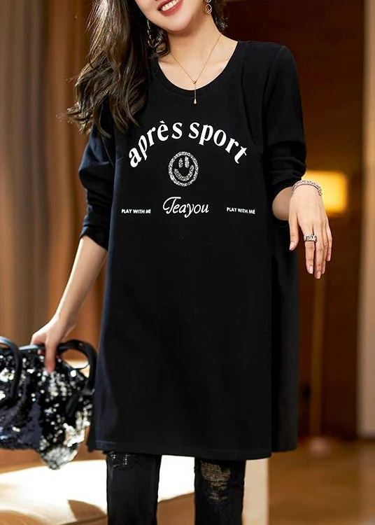 Loose Black Ruffled Print Patchwork Cotton Mid Dress Spring - Image 3