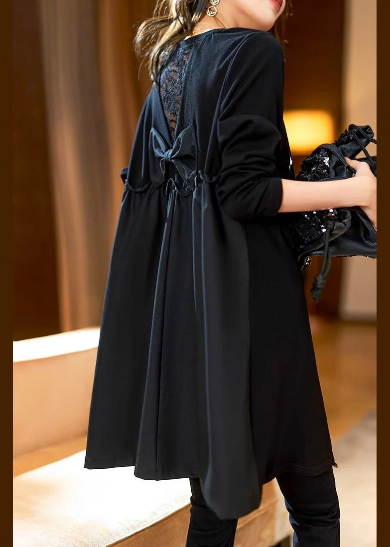 Loose Black Ruffled Print Patchwork Cotton Mid Dress Spring - Image 5