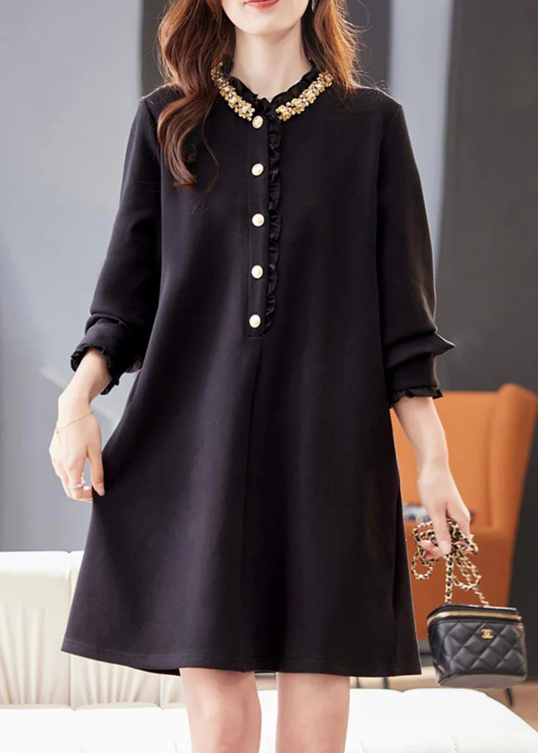 Loose Black Ruffled Zircon Pockets Cotton Mid Dress Fall - Image 2