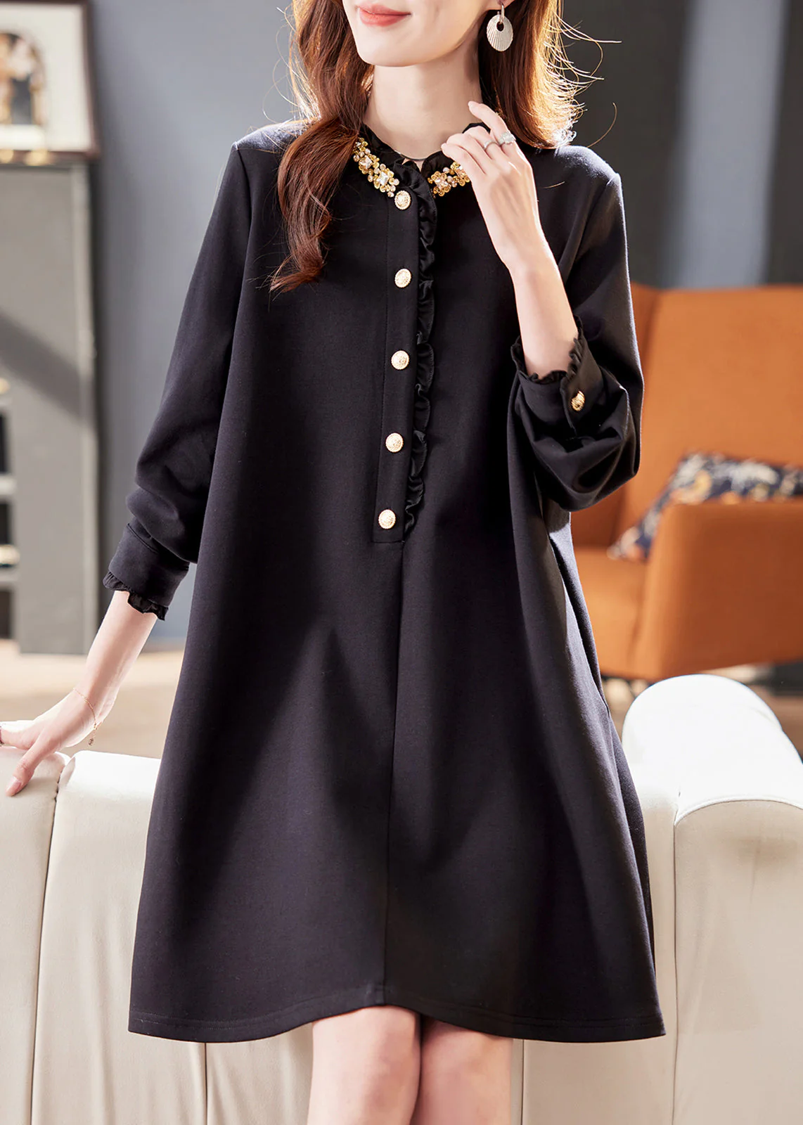 Loose Black Ruffled Zircon Pockets Cotton Mid Dress Fall - Image 3