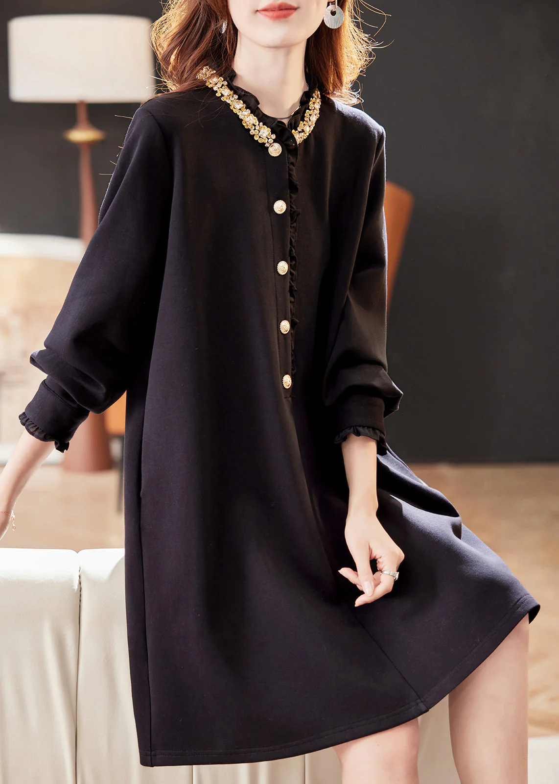 Loose Black Ruffled Zircon Pockets Cotton Mid Dress Fall - Image 4