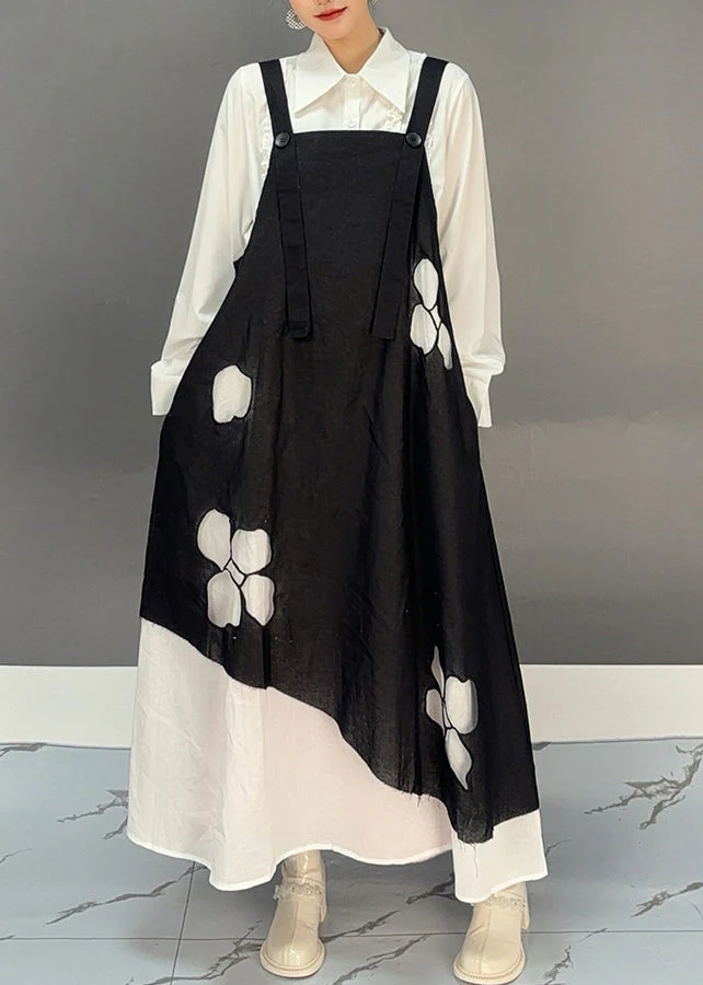 Loose Black Slash Neck Print Spaghetti Strap Long Dress Spring - Image 4