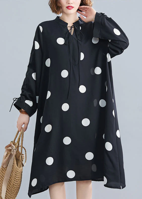 Loose Black Stand Collar Dot Lace Up Chiffon Dresses Spring - Image 2