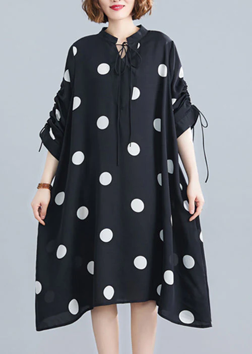 Loose Black Stand Collar Dot Lace Up Chiffon Dresses Spring - Image 3