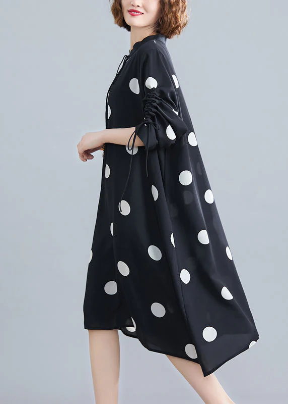 Loose Black Stand Collar Dot Lace Up Chiffon Dresses Spring - Image 4